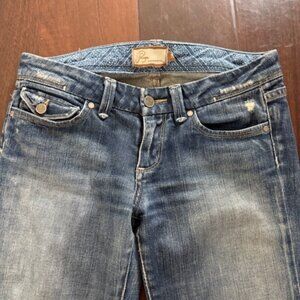 Paige Pico Low Bootcut Flap Jeans Women Size 28 Blue Distressed + Stretch L28